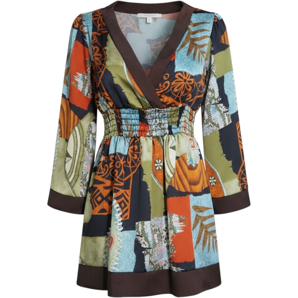 Chance‎ Women Small Patchwork Print Smocked Waist V-Neck Tunic Top Brown